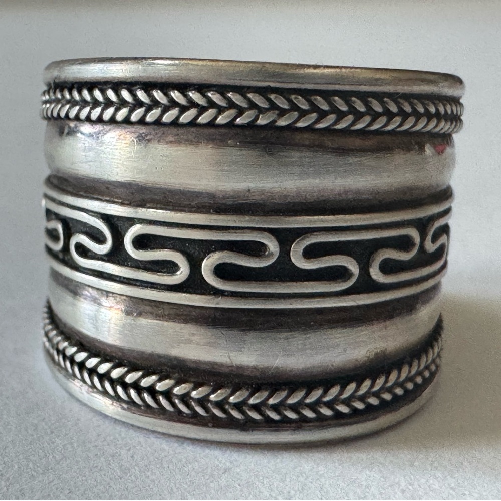 Wide Sterling Silver Band Ring Ethic GREEK Tribal Etched Vintage Bali